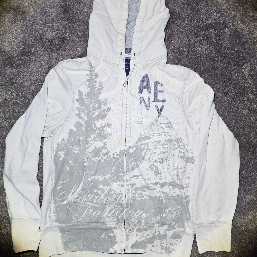 White Graphic American Eagle Vintage Fit Zip Up Hooded Sweatshirt